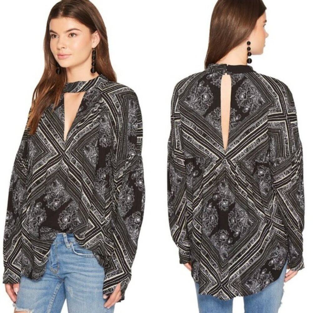 Free‎ People Boho Walking On A Dream Tunic Choker Blouse Black White Size XS